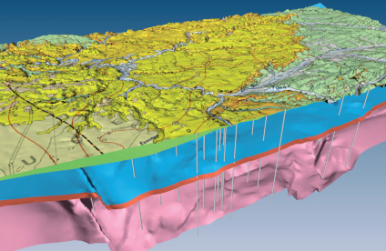 Exemple illustrant l'utilisation de la BSS : extrait du modèle géologique 3D du Bassin de Paris avec la carte géologique drapée sur le modèle numérique de terrain (Paris, 2000).